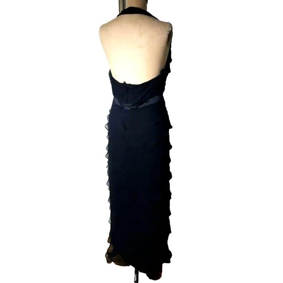 TADASHI Shoji vintage silk maxi black tiered ruffle halter cocktail dress gown - Picture 7 of 12